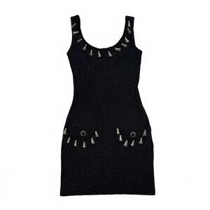 VINTAGE 90s BETSEY JOHNSON LUXE Black Knit Mini Shimmer Dress Gold Tassel SIZE P
